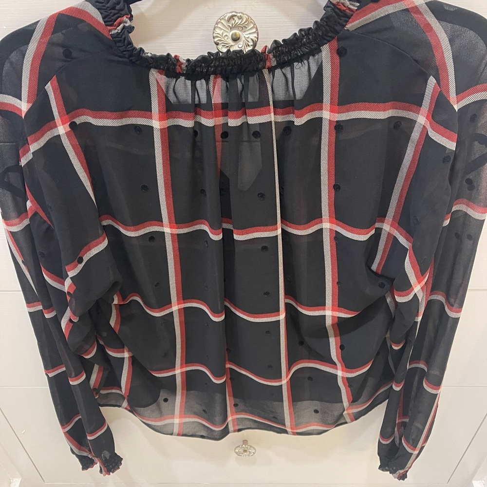 Zara windowpane blouse with subtle velvet dots size M - Picture 6 of 8